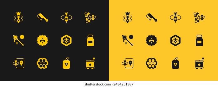 Conjunto de abejas, panal de abejas y panal de abejas, tubo cosmético con, flor, abeja reina e icono de cepillo de apicultura. Vector