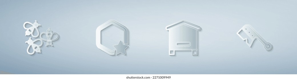Set Bees, Honeycomb, Hive for bees and Beekeeping brush. Paper art style. Vector