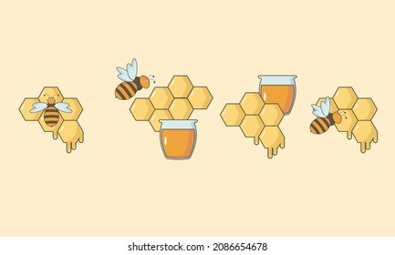 Set of bees with honeycombs and a jar of honey
