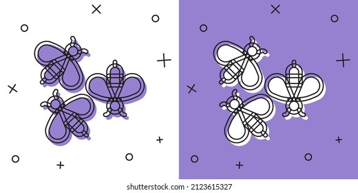Set Bees icon isolated on white and purple background. Sweet natural food. Honeybee or apis with wings symbol. Flying insect.  Vector