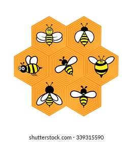 Set of bees on honeycomb label.
