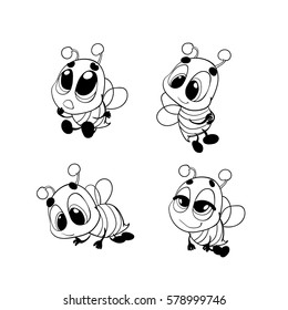 Set of bees, vector. Coloring book funny Cartoon insect bee