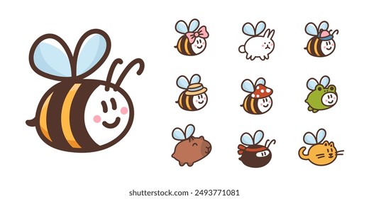 Set of bees in wearing funny costumes capybara, cat, frog, ninja, in cap, straw hat, mushroom hat, with bow. Collection of funny smiling honeybee cartoon characters. Colored vector illustration