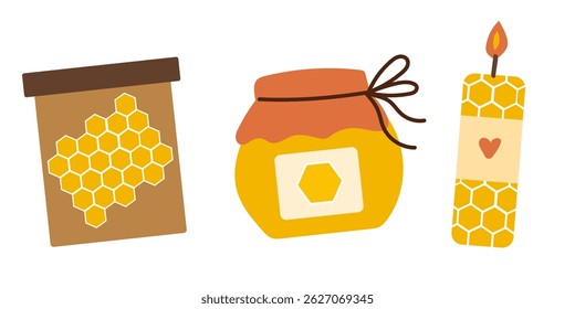 Set with beeswax elements. Jar with honey. Candle from beeswax.