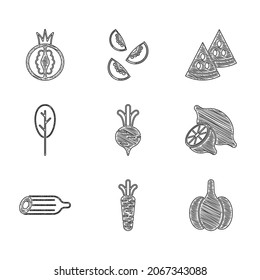Set Rüben, Karotten, Knoblauch, Zitronen, frische Gurken, Spinat, Wassermelonen und Tomate-Symbol. Vektorgrafik
