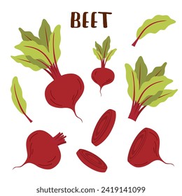 Set of beet roots and leaves in flat style isolated on white background.