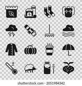 Set Beet, Umbrella, Windy weather, Socks, Winter scarf, Storm, Calendar with autumn leaves and Garden rake icon. Vector