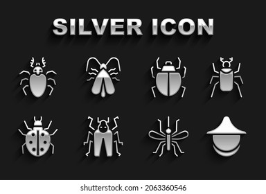 Set Beetle bug, Beekeeper hat, Mosquito, Mite, deer and Clothes moth icon. Vector