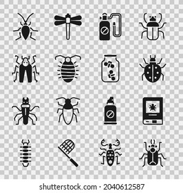 Set Beetle bug, Book about insect, Mite, Pressure sprayer, Larva, Cockroach and Fireflies bugs jar icon. Vector