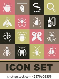 Set Beetle bug, Chafer beetle, Pressure sprayer, Worm, Insect fly, Mite and  icon. Vector
