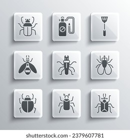 Set Beetle bug, Insect fly, Termite, Mite, Stink and Fly swatter icon. Vector