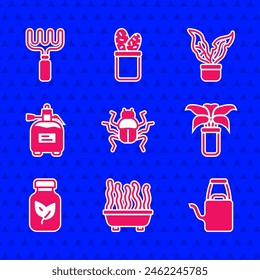 Set Beetle bug, Plant in pot, Watering can, Exotic tropical plant, Fertilizer bottle, Garden sprayer for fertilizer,  and rake icon. Vector