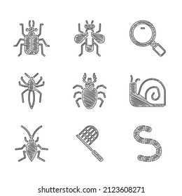 Set Beetle deer, Butterfly net, Worm, Snail, Cockroach, Spider, Magnifying glass and bug icon. Vector