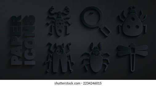 Set Beetle deer, Ladybug, Dragonfly, Magnifying glass and  icon. Vector