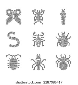 Set Beetle deer, Termite, Spider, Mite, Larva insect, Worm,  and Butterfly icon. Vector