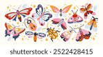 Set of beetles and butterflies in cartoon style. Bright abstract patterns and ornaments on wings, insects flies, bees, caterpillars, bugs in abstract style. Bright funky stickers.