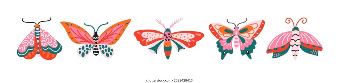 Set of beetles and butterflies in cartoon style. Bright abstract patterns and ornaments on wings, insects flies, bees, caterpillars, bugs in abstract style. Bright funky stickers.