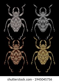 Set of beetles embroidered with metal thread. Imitation of gold and silver. Decorative element for embroidery, patches, stickers, badges, print for t-shirts.