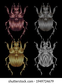 Set of beetles embroidered with metal thread. Imitation of gold and silver. Decorative element for embroidery, patches, stickers, badges, print for t-shirts.