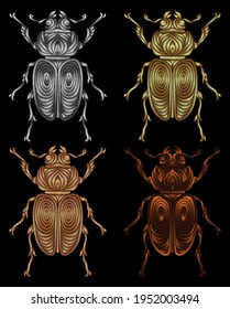 Set of beetles embroidered with metal thread. Imitation of gold and silver. Decorative element for embroidery, patches, stickers, badges, print for t-shirts.