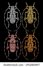 Set of beetles embroidered with metal thread. Imitation of gold and silver. Decorative element for embroidery, patches, stickers, badges, print for t-shirts.