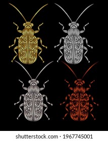 Set of beetles embroidered with metal thread. Imitation of gold and silver. Decorative element for embroidery, patches, stickers, badges, print for t-shirts.