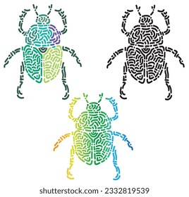 The set of beetles - the form of a beetle in a multi-colored, natural color, black - is made in the style of a modern mosaic. Vector silhouette.
