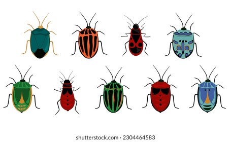 Conjunto de escarabajos, insectos. Bichos brillantes de varios colores. Gráficos vectoriales.