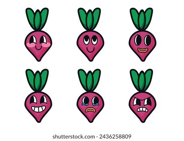 Conjunto de dibujos animados de remolacha con muchas expresiones. Ilustración vectorial de diseño retro sobre fondo blanco. Caras de mascota	