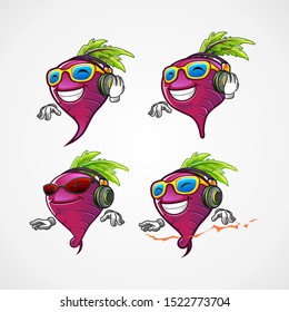 set of beetroot as a DJ for music beat mascot cartoon character illustration. four character beetroot with headphone and glasses flat design illustration vector