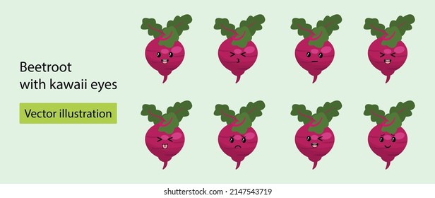 Set Beetroot with kawaii eyes. Flat design vector illustration of beetroot on green background