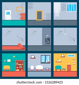 set of before and after houses under constructions vector illustration design