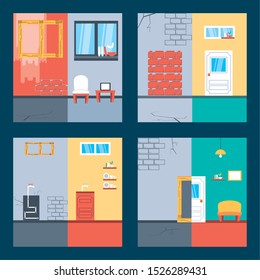 set of before and after houses under constructions vector illustration design