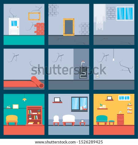 set of before and after houses under constructions vector illustration design