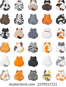 Set of Behind Chonky cute cat Pixel art Flat Vector Illustration