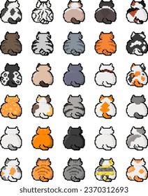 Set of Behind Chonky cute cat Pixel art Color Vector Illustration