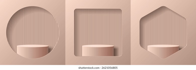 Un conjunto de fondos 3D beige con podios y recortes en forma de círculo, cuadrado y hexágono