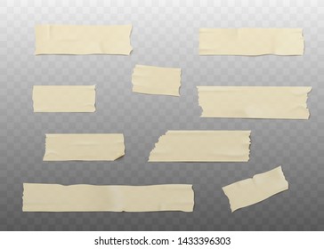 Set of beige adhesive or masking tape pieces with torn edges realistic style, vector illustration isolated on transparent background. Various strips of brown ripped sticky tape