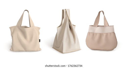 Set of beige bags of their fabric. Vector 3d illustration isolated on white background. Mock up for printing, design.