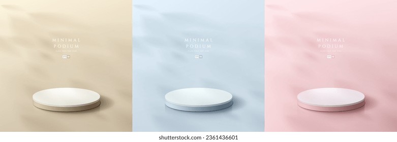 Set of beige, blue and pink abstract 3D room with pedestal podium and leaf shadow overlay scene. Abstract composition in minimal design. Platform cosmetic product display presentation. Stage showcase.