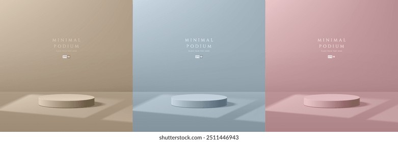 Set of beige, blue and pink podium background with window lighting on floor. Abstract composition in minimalist design.3D Studio display showroom product pedestal, Fashion stage showcase mockup scene.