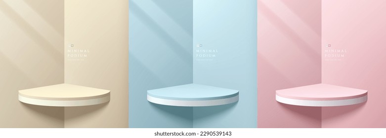 Set von beige, blau und rosa realistische 3D-Zylinder-Regalplatte in Eckzimmern mit Fensterleuchte. Stage-Showcase, Produktanzeige. 3D-Vektorgrafik. Abstrakte geometrische Plattformen. Minimale Wandszene