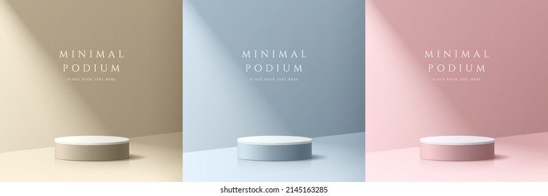 Set of beige, blue, pink and white realistic 3d cylinder pedestal podium in pastel colorful abstract rooms. Vector rendering geometric forms. Minimal scene. Stage for showcase, Mockup product display. - Shutterstock ID 2145163285