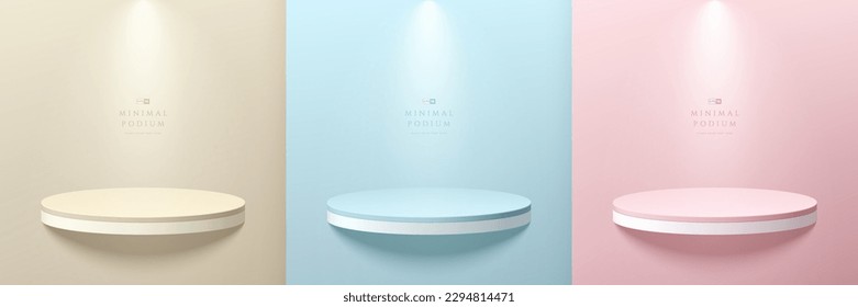 Set of beige, blue, pink and white realistic 3d cylinder shelf podium on pastel wall scene background. Round stage showcase, Product display. 3D Vector rendering. Abstract geometric platforms design.