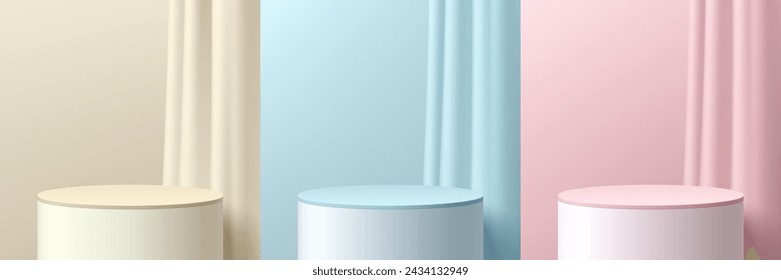 Set of beige, blue, pink and white 3d cylinder podium with soft curtain on pastel wall scene background. Round stage showcase, Product display. 3D Vector rendering. Abstract geometric platforms design