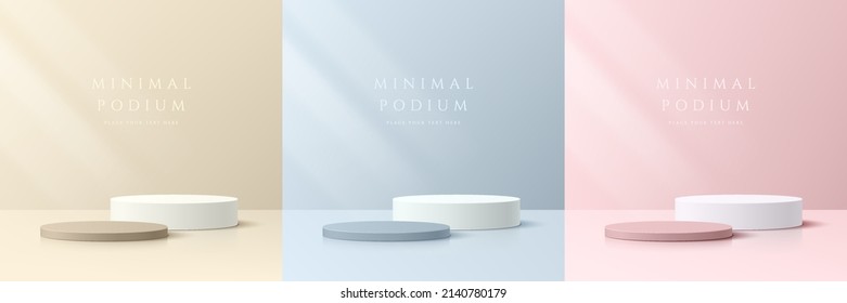 Conjunto de podio peatonal de cilindros 3d  beige  azul  rosa suave y blanco realistas en salas abstractas de colores pastel  Formas geométricas de representación vectorial  Escena mínima en la pared  Muestra de escenario  Pantalla de producto 
