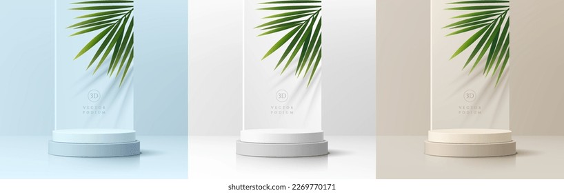 Beige, blau-weißer 3D-Hintergrund mit rundem Produktpalette, grünes Palmenblatt im Fenster. Minimale Wand-Szene-Mock-up Produkt-Bühne Showcase, Promotion-Display. Abstrakte geometrische Vektor-Formen.