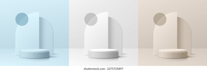 Set of beige, blue and white 3D realistic cylinder pedestal podium with geometric background. Abstract vector clean empty room. Wall minimal scene mockup product stage showcase,  promotion display. - Shutterstock ID 2275725897