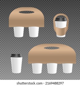 Set beige, brown holder for cups of coffee, vector flat illustration on a transparent background. Carrying plastic mugs, coffee and beverage containers. Mockup, packaging template for takeaway drinks