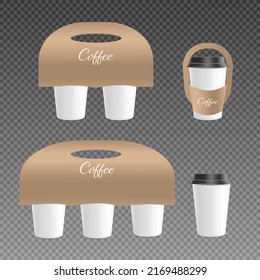 Set beige, brown holder for cups of coffee, vector flat illustration on a transparent background. Mockup, packaging template for takeaway drinks. Carrying plastic mugs, coffee and beverage containers